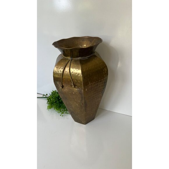 Handmade Hammered Brass Vase With Rope Detail 16" Tall Wide Flared Rim Hexagonal - Picture 2 of 7